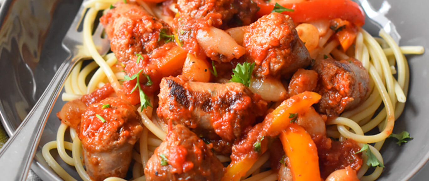 Mild Italian Sausages with Peppers & Pearl Onions in Pasta Sauce | Swaggerty's Farm