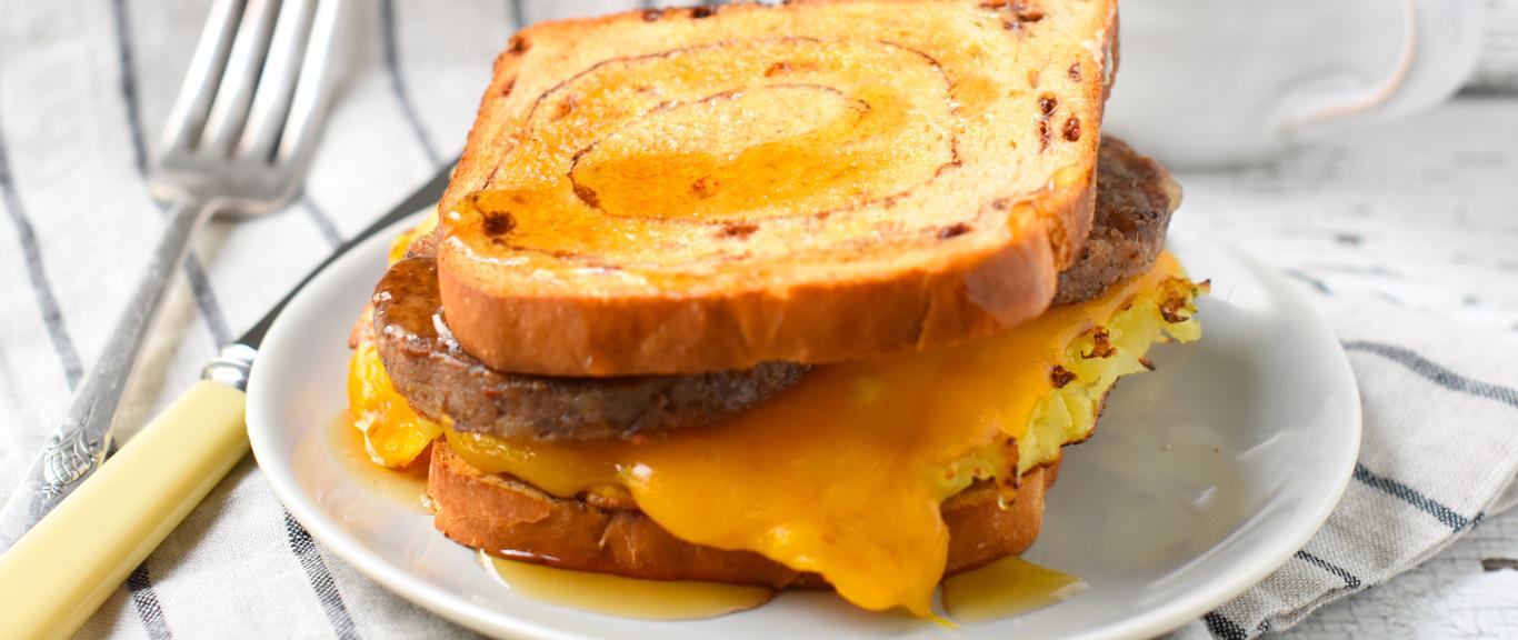 Sausage, Egg and Cheese Cinnamon Roll French Toast Sandwiches